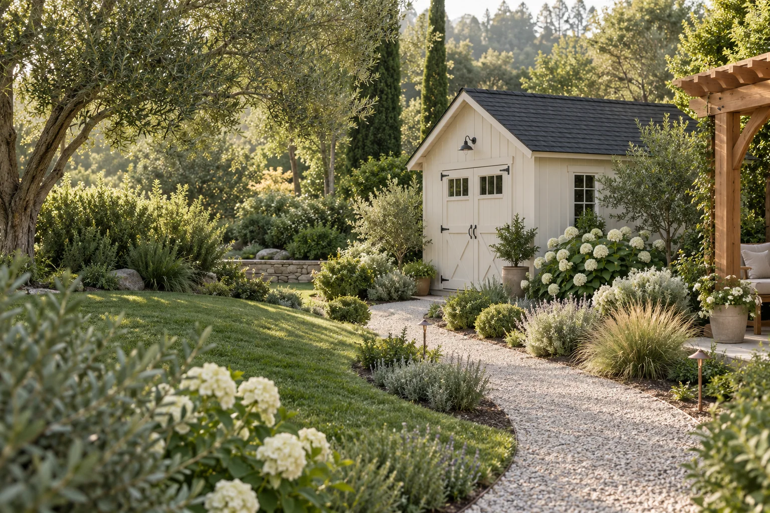 Garden shed with planting and a gravel path