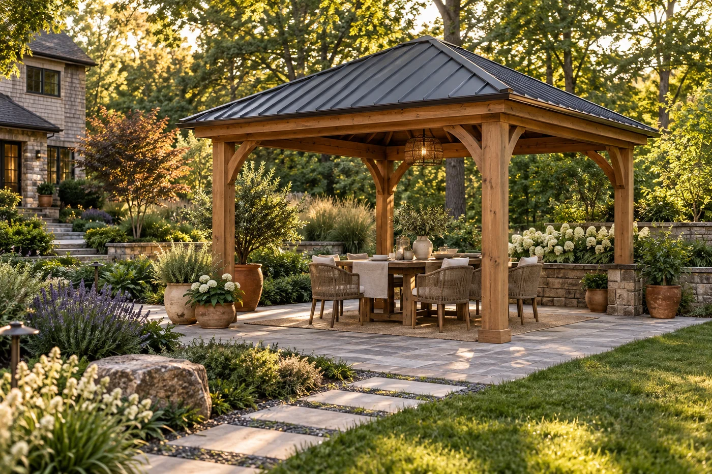 Cedar gazebo arranged for outdoor dining